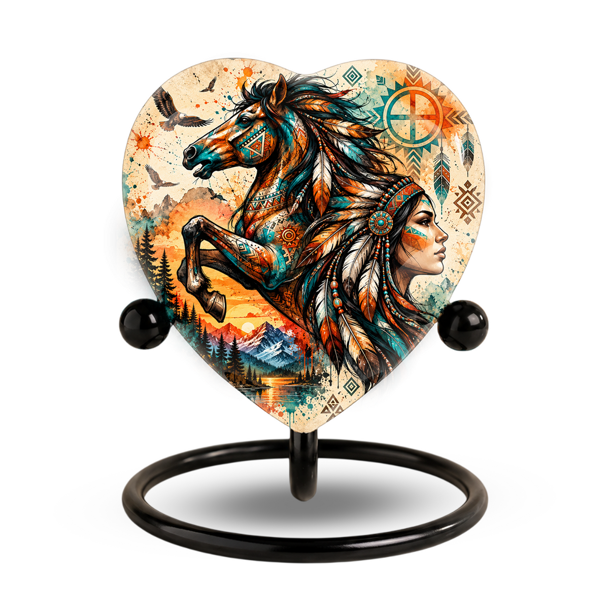 Horse Adult Urn for Ashes, Native American Inspired Horse Memorial Urn, Tribal Feather Cremation Urn