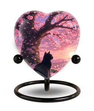 Cherry Blossom Cat Memorial Urn – Black Cat Sunset Heart Urn,Cat Memorial Keepsake Urn for Ashes