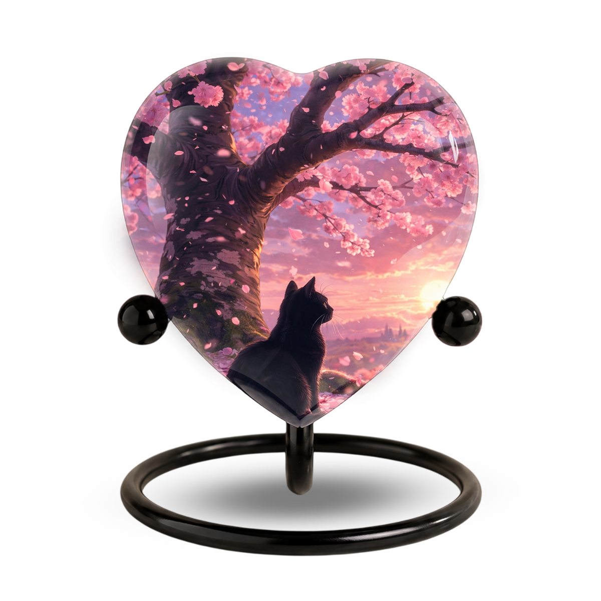 Cherry Blossom Cat Memorial Urn – Black Cat Sunset Heart Urn,Cat Memorial Keepsake Urn for Ashes