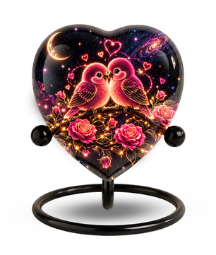 Heart Shaped Love Birds Urn for Ashes, Romantic Pink Birds Cremation Urn