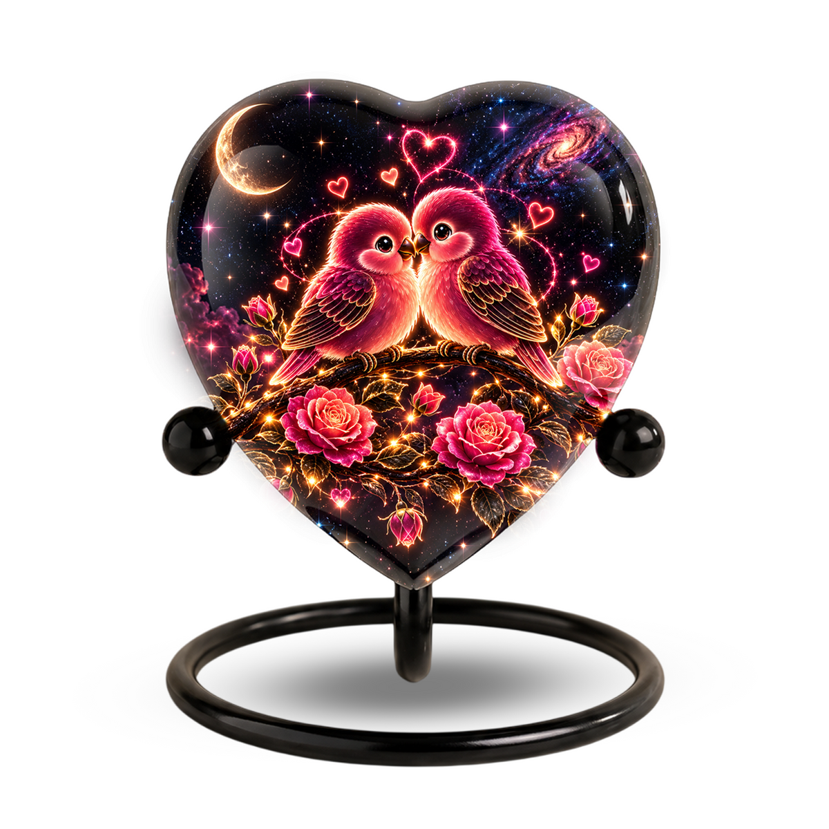 Heart Shaped Love Birds Urn for Ashes, Romantic Pink Birds Cremation Urn