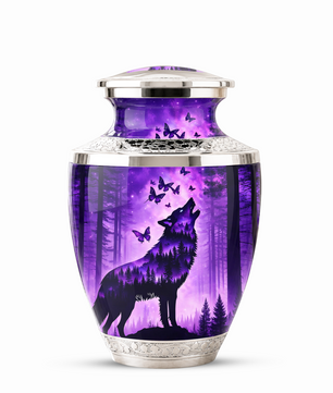 Purple Wolf Cremation Urn for Dad, Wolf Memorial Urn for Men, Wildlife Keepsake Ashes Urn for Father