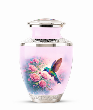 Floral Hummingbird Cremation Urn for Mom, Pink Rose Memorial Keepsake Urn