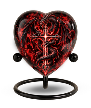 Red Dragon Cremation Urn for Ashes, Dragon Cross Memorial Urn, Gothic Fantasy Adult Urn, Personalized Dragon Urn for Men, Heart Shaped Urn