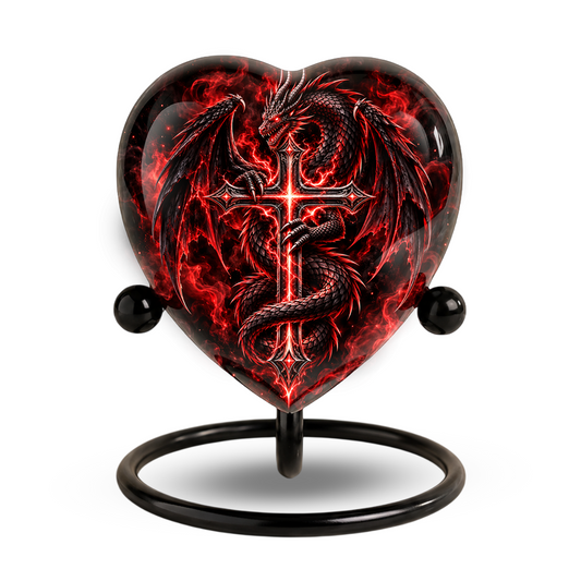 Red Dragon Cremation Urn for Ashes, Dragon Cross Memorial Urn, Gothic Fantasy Adult Urn, Personalized Dragon Urn for Men, Heart Shaped Urn