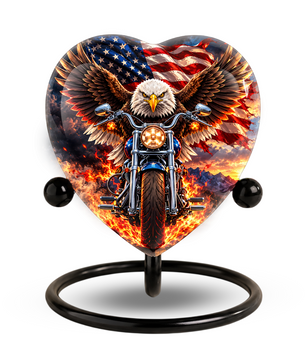 Heart Shaped Eagle Motorcycle Urn for Ashes, American Flag Cremation Urn, Patriotic Biker Memorial Urn for Human Ashes