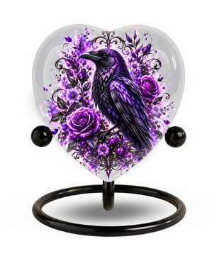 Purple Raven Heart Cremation Urn for Ashes, Crow Memorial Urn, Purple Floral Urn, Raven Urn for Ashes, Personalized Heart Cremation Urn