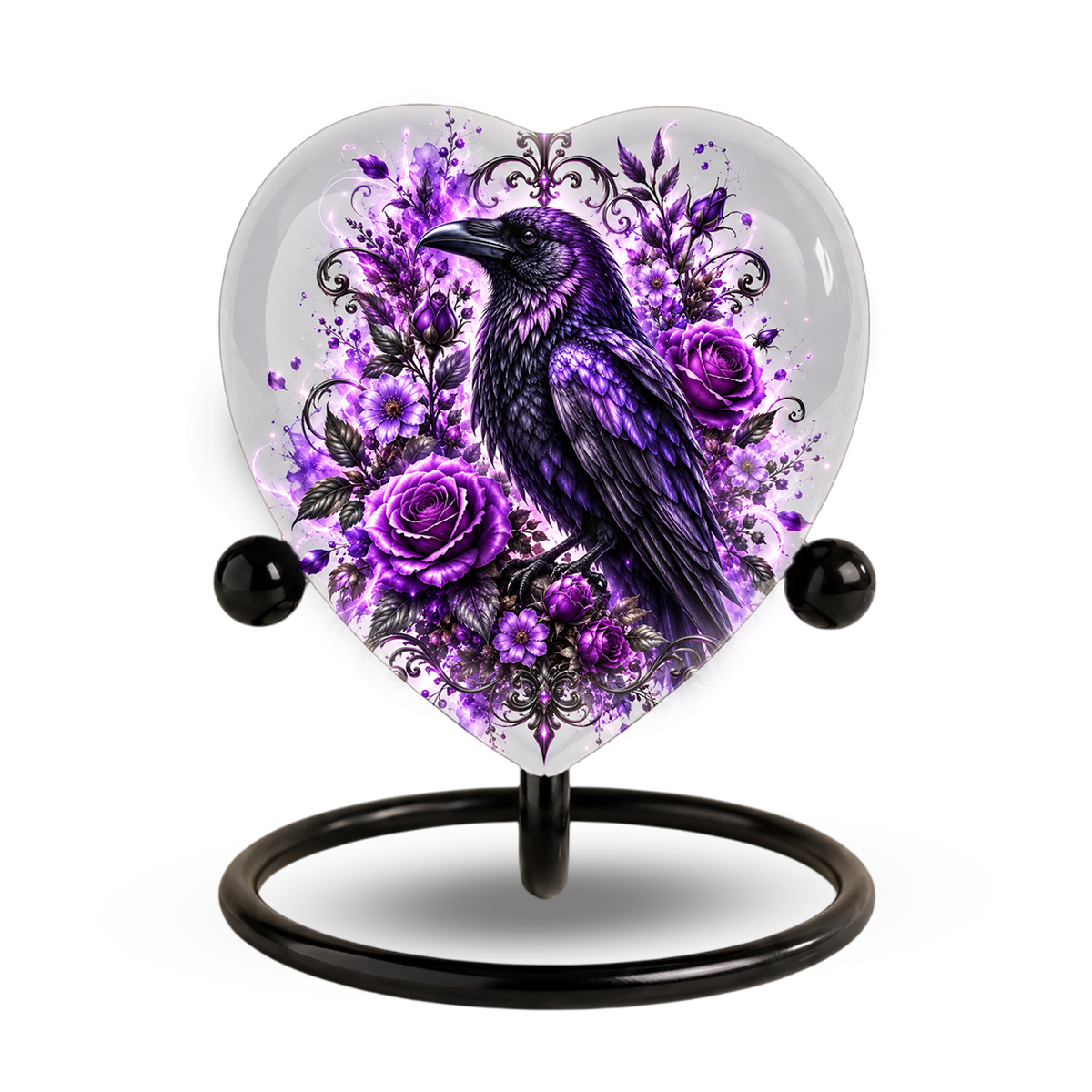 Purple Raven Heart Cremation Urn for Ashes, Crow Memorial Urn, Purple Floral Urn, Raven Urn for Ashes, Personalized Heart Cremation Urn