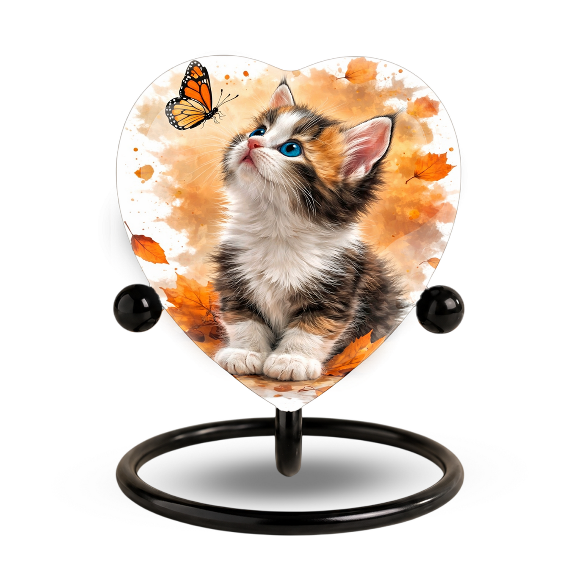 Personalized Cat Urn for Ashes – Autumn Kitten Butterfly Memorial Pet Urn