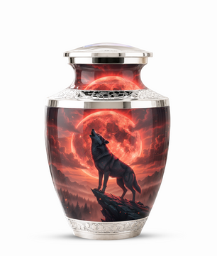 Howling Wolf Cremation Urn for Men, Red Moon Custom Memorial Urn for Father