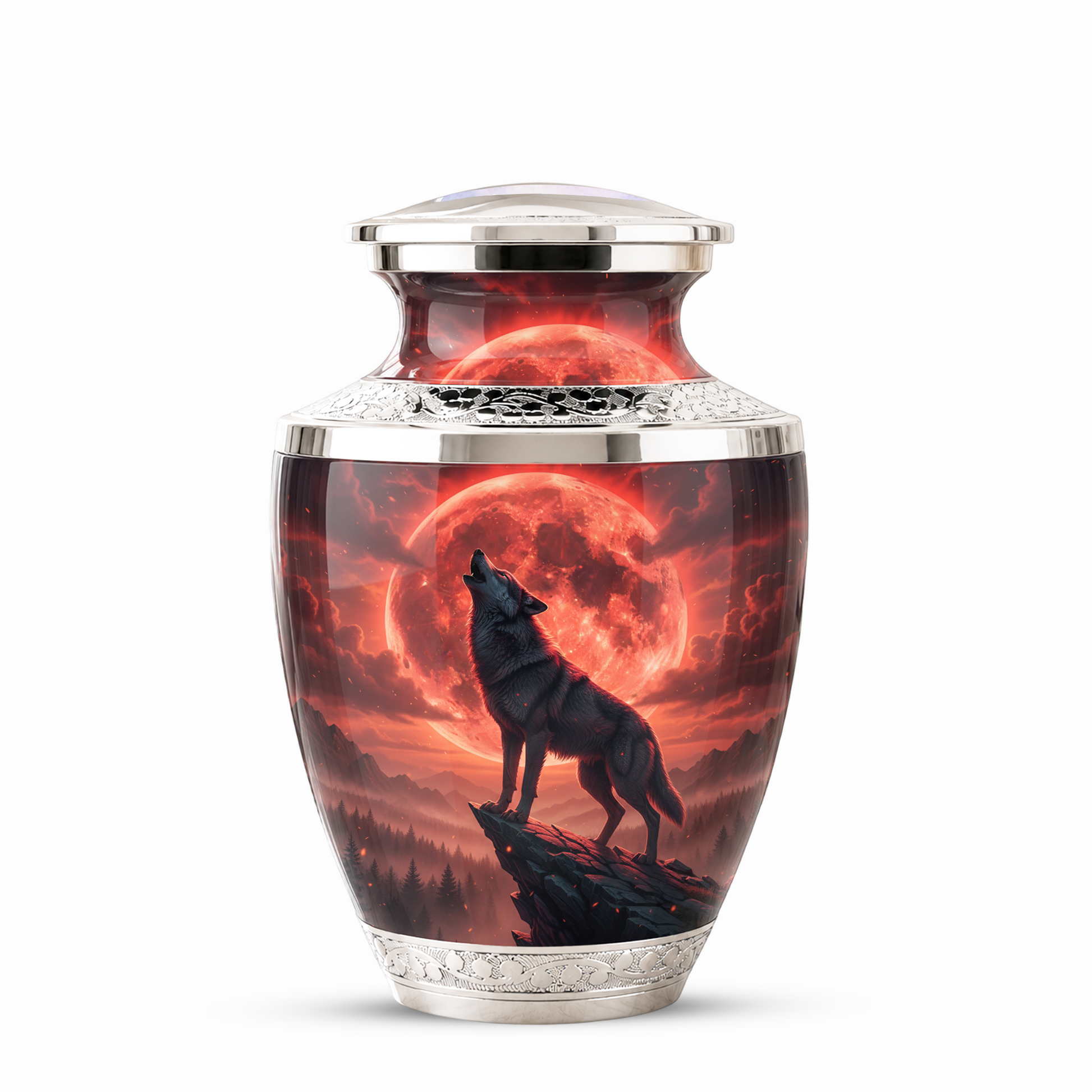 Howling Wolf Cremation Urn for Men, Red Moon Custom Memorial Urn for Father