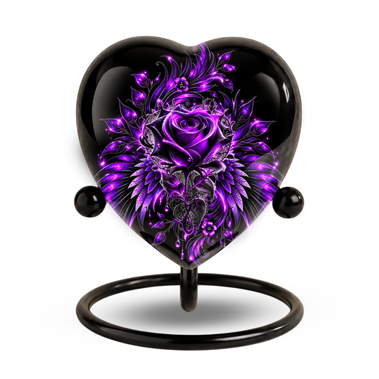 Purple Rose Heart Cremation Urn for Ashes, Purple Floral Urn, Heart Shaped Memorial Urn, Personalized Rose Urn, Gothic Flower Urn