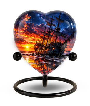 Pirate Ship Heart Cremation Urn for Ashes, Personalized Adult Memorial Urn, Nautical Urn for Men