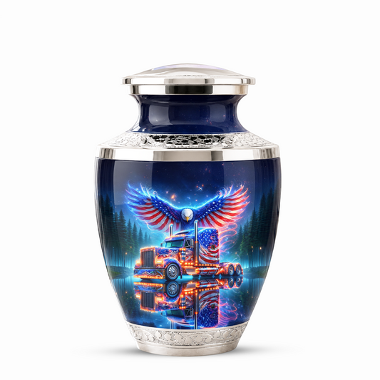 American Truck Cremation Urn for Dad, Truck Driver Patriotic Semi Truck Memorial Keepsake Urn
