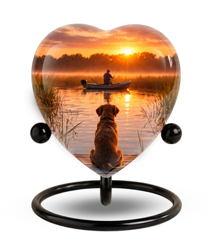 Sunset Fishing Dog Adult Urn for Human Ashes – Heart-Shaped Lake Memorial Adult Cremation Urn