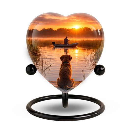 Sunset Fishing Dog Adult Urn for Human Ashes – Heart-Shaped Lake Memorial Adult Cremation Urn