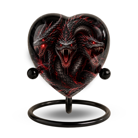 Three Headed Dragon Cremation Urn for Ashes, Hydra Dragon Memorial Urn, Red Black Fantasy Urn, Gothic Adult Cremation Urn, Heart Shaped Urn
