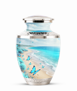 Blue Butterfly Beach Cremation Urn for Ashes - Custom Memorial Urn for Female