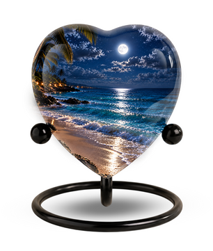 Beach Sunset Heart Cremation Urn for Ashes, Moonlit Ocean Urn, Personalized Coastal Urn