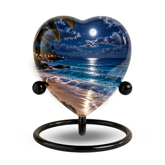 Beach Sunset Heart Cremation Urn for Ashes, Moonlit Ocean Urn, Personalized Coastal Urn