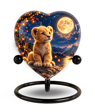 Lion Cub Adult Urn for Ashes, Baby Lion Memorial Urn, Golden Moon and Mountain Cremation Urn