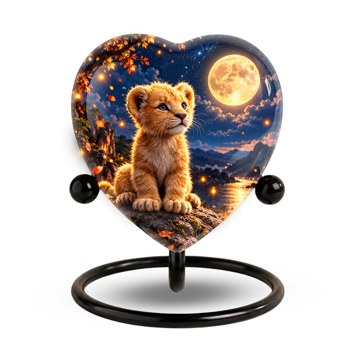 Lion Cub Adult Urn for Ashes, Baby Lion Memorial Urn, Golden Moon and Mountain Cremation Urn
