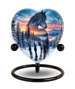 Heart Shaped Horse Urn for Ashes, Winter Mountain Sunset Cremation Urn