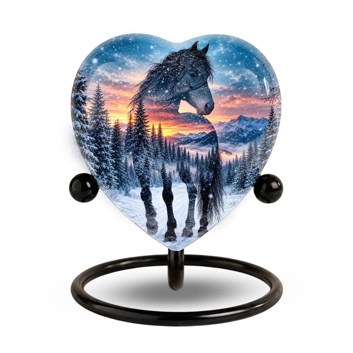 Heart Shaped Horse Urn for Ashes, Winter Mountain Sunset Cremation Urn