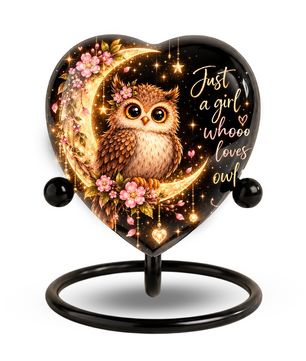 Owl Adult Cremation Urn for Ashes, Personalized Owl Memorial Urn, Heart Shaped Adult Urn, Owl Lover Cremation Urn, Floral Animal Urn