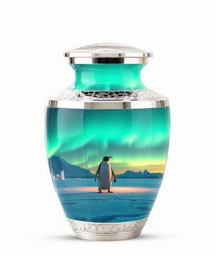 Northern Lights Penguin Cremation Urn for Human Ashes, Personalized Memorial Urn