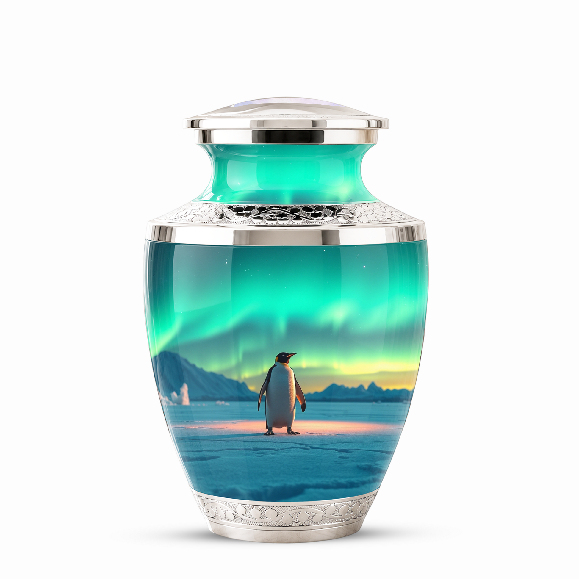 Northern Lights Penguin Cremation Urn for Human Ashes, Personalized Memorial Urn