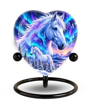 Heart Shaped White Horse Urn for Ashes, Aurora Borealis Horse Cremation Urn, Winter Wonderland Equine Memorial Urn