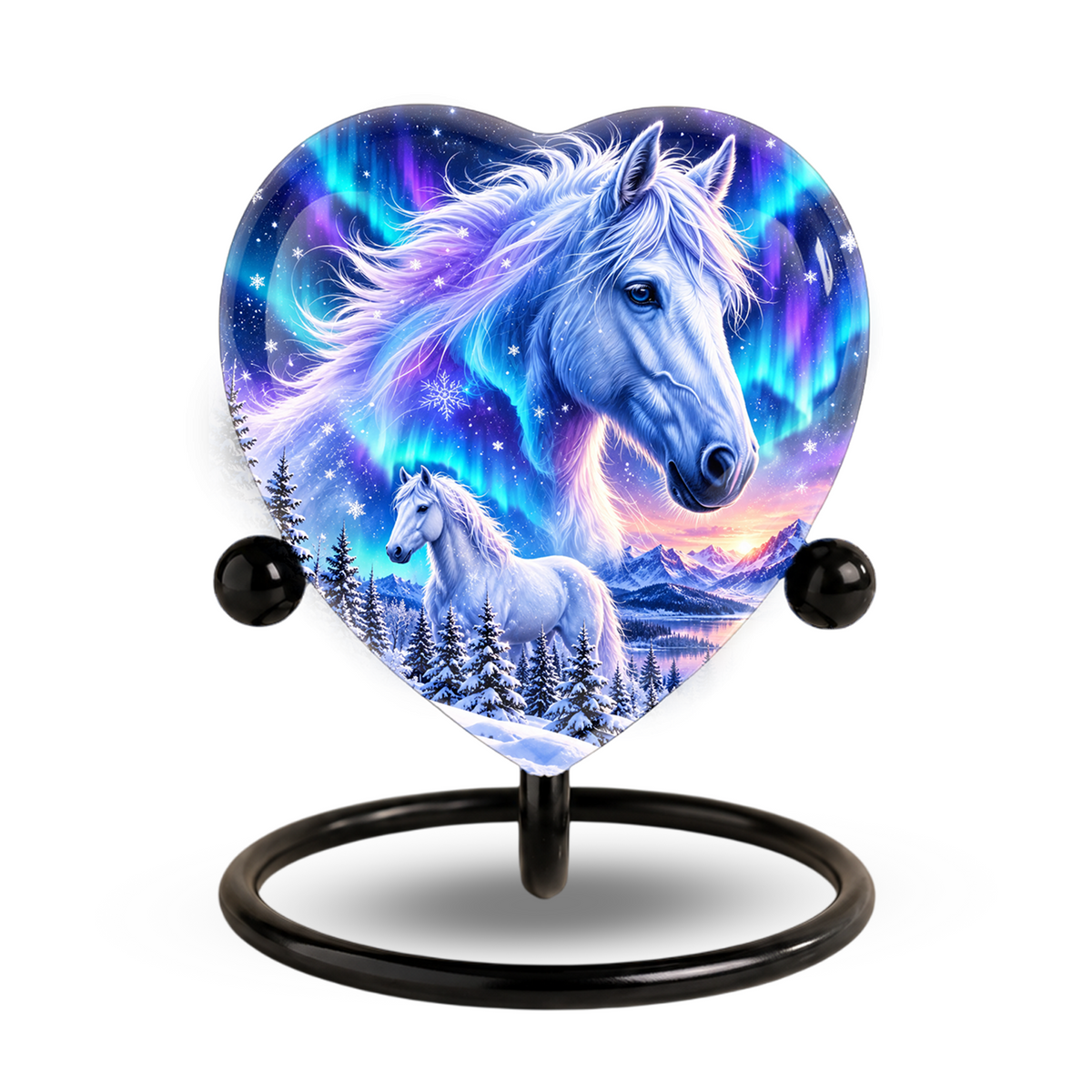 Heart Shaped White Horse Urn for Ashes, Aurora Borealis Horse Cremation Urn, Winter Wonderland Equine Memorial Urn