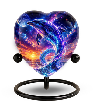 Neon Dolphin Urn for Ashes, Ocean Memorial Urn, Heart Shaped Dolphin Urn