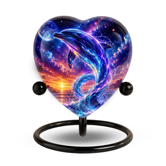 Neon Dolphin Urn for Ashes, Ocean Memorial Urn, Heart Shaped Dolphin Urn