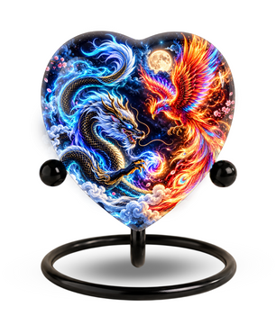 Heart Shaped Dragon and Phoenix Urn for Ashes, Blue Dragon Firebird Cremation Urn, Fantasy Memorial Urn for Human Ashes