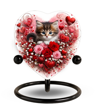 Personalized Cat Urn for Ashes – Heart-Shaped Kitten & Rose Memorial, Custom Pet Urn for Cat