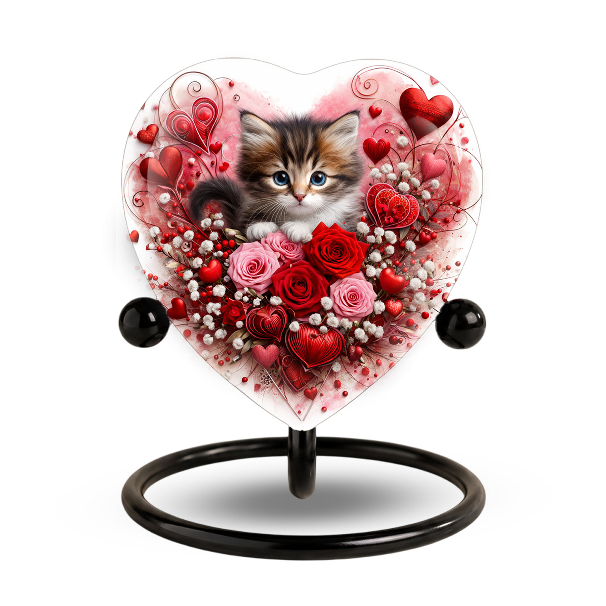 Personalized Cat Urn for Ashes – Heart-Shaped Kitten & Rose Memorial, Custom Pet Urn for Cat