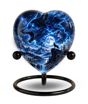 Wolf Adult Urn for Ashes, Blue Lightning Wolf Memorial Urn, Full Moon and Mountain Cremation Urn,