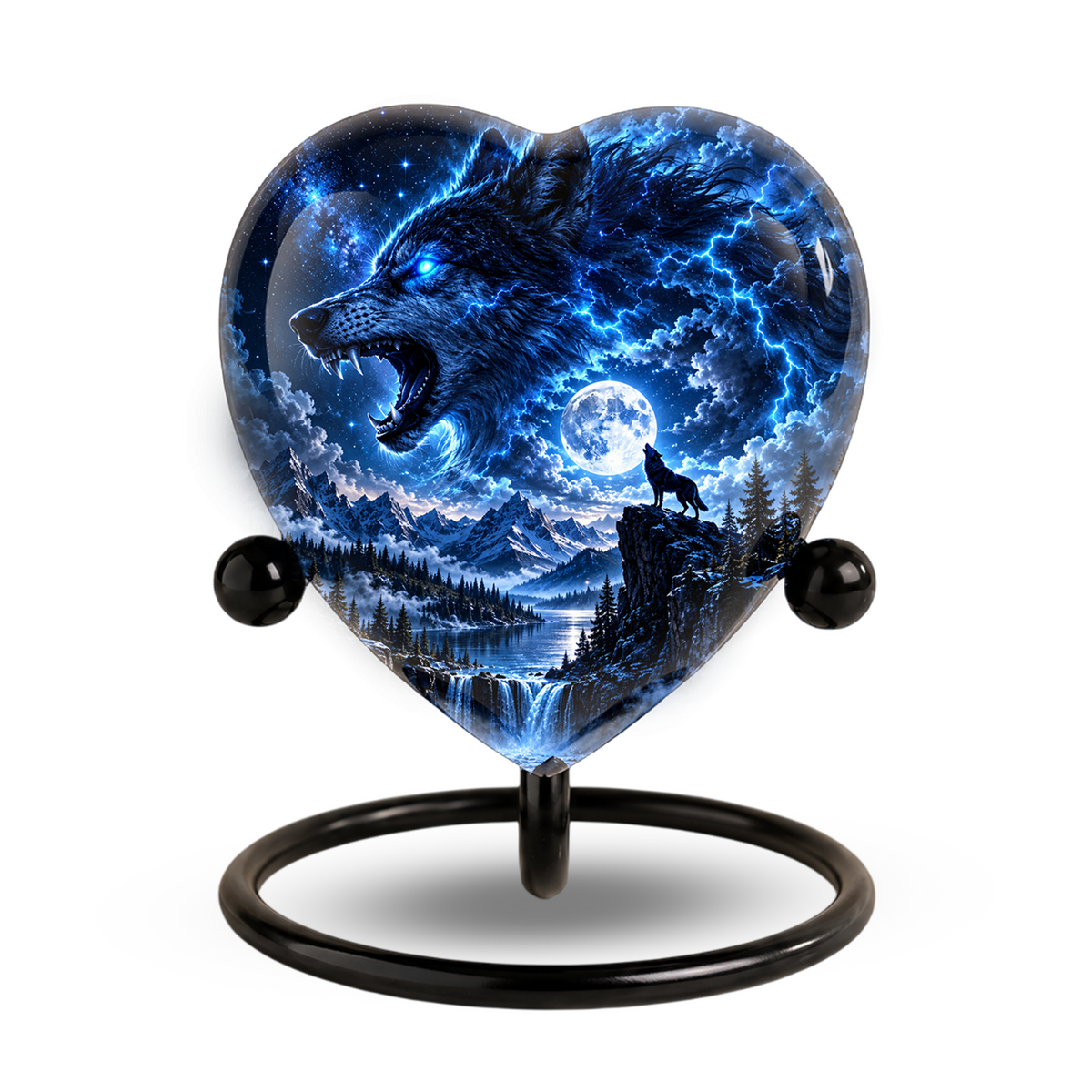Wolf Adult Urn for Ashes, Blue Lightning Wolf Memorial Urn, Full Moon and Mountain Cremation Urn,