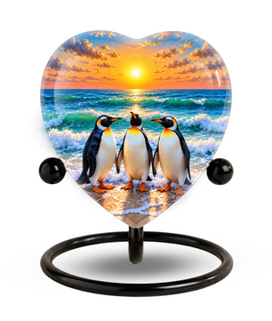 Penguin Beach Cremation Urn for Ashes, Penguin Memorial Urn, Ocean Sunset Urn, Heart Shaped Cremation Urn