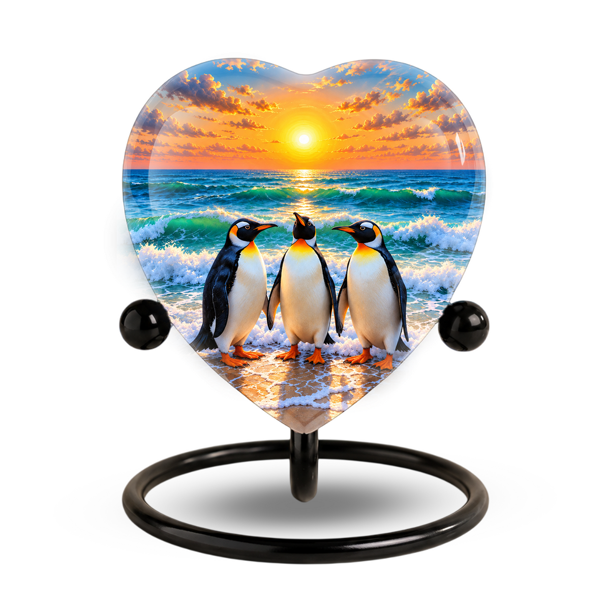 Penguin Beach Cremation Urn for Ashes, Penguin Memorial Urn, Ocean Sunset Urn, Heart Shaped Cremation Urn