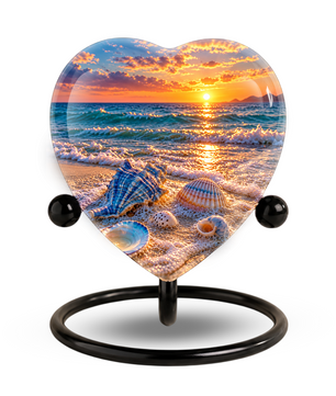 Seashell Beach Cremation Urn for Ashes, Ocean Sunset Memorial Urn, Seashell Urn, Coastal Heart Shaped Cremation Urn