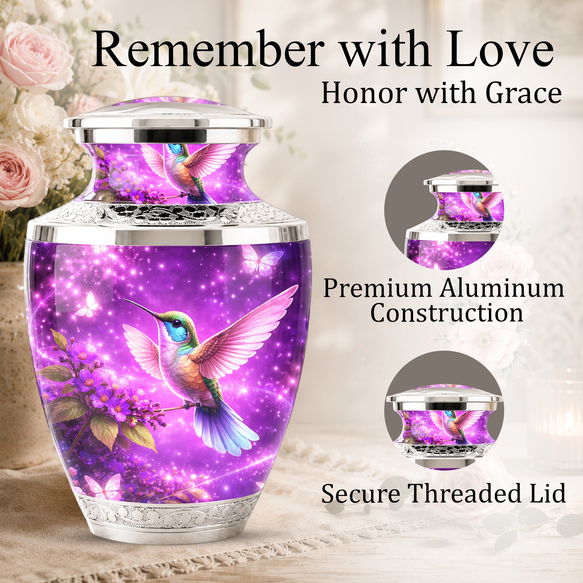 Purple Hummingbird Cremation Urn for Mom, Urn for Human Ashes, Memorial Urn for Mother