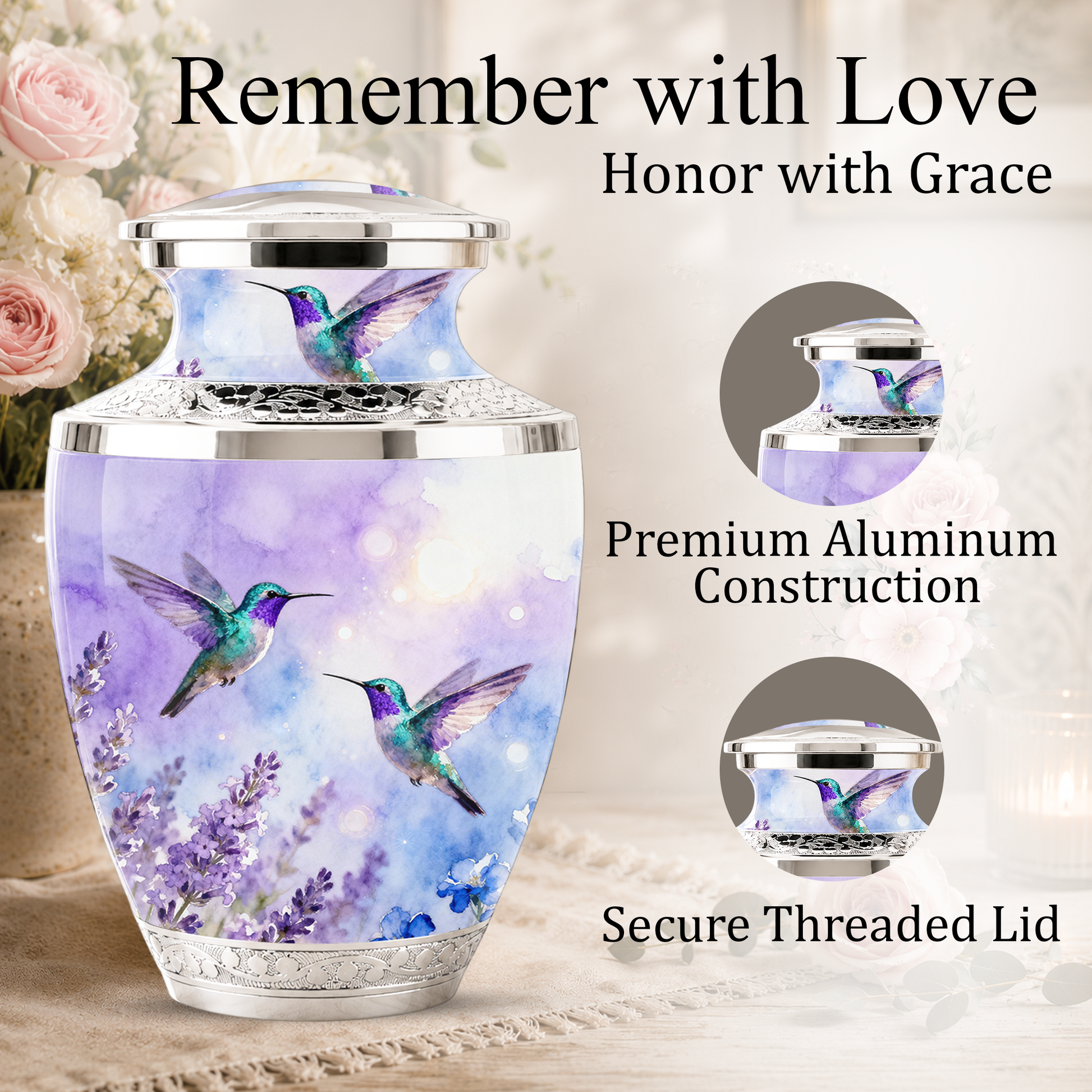 Purple Hummingbird Cremation Urn for Mom, Urn for Human Ashes, Custom Urn for Mother