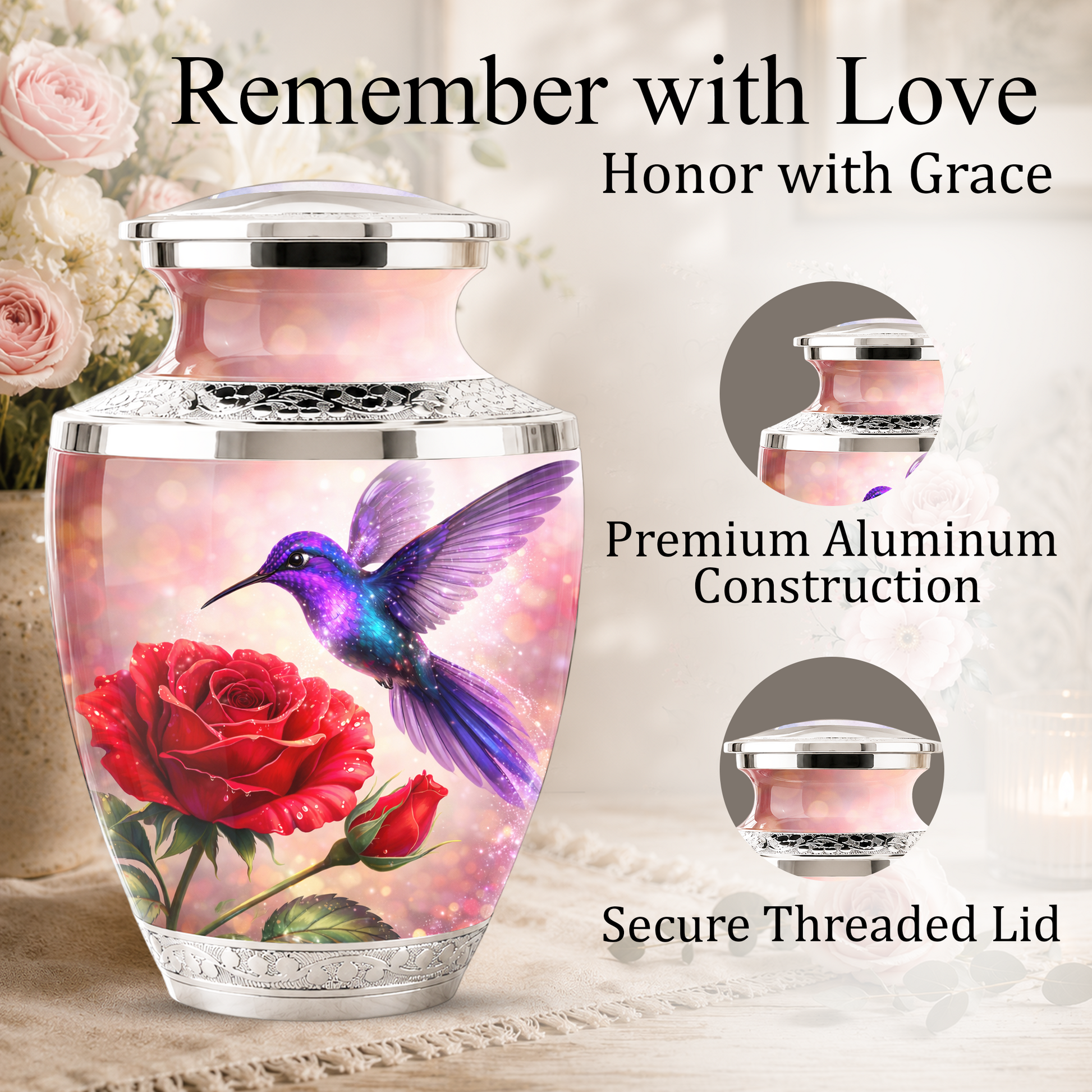 Rose Hummingbird Cremation Urn for Human Ashes, Personalized Memorial Urn for Adults