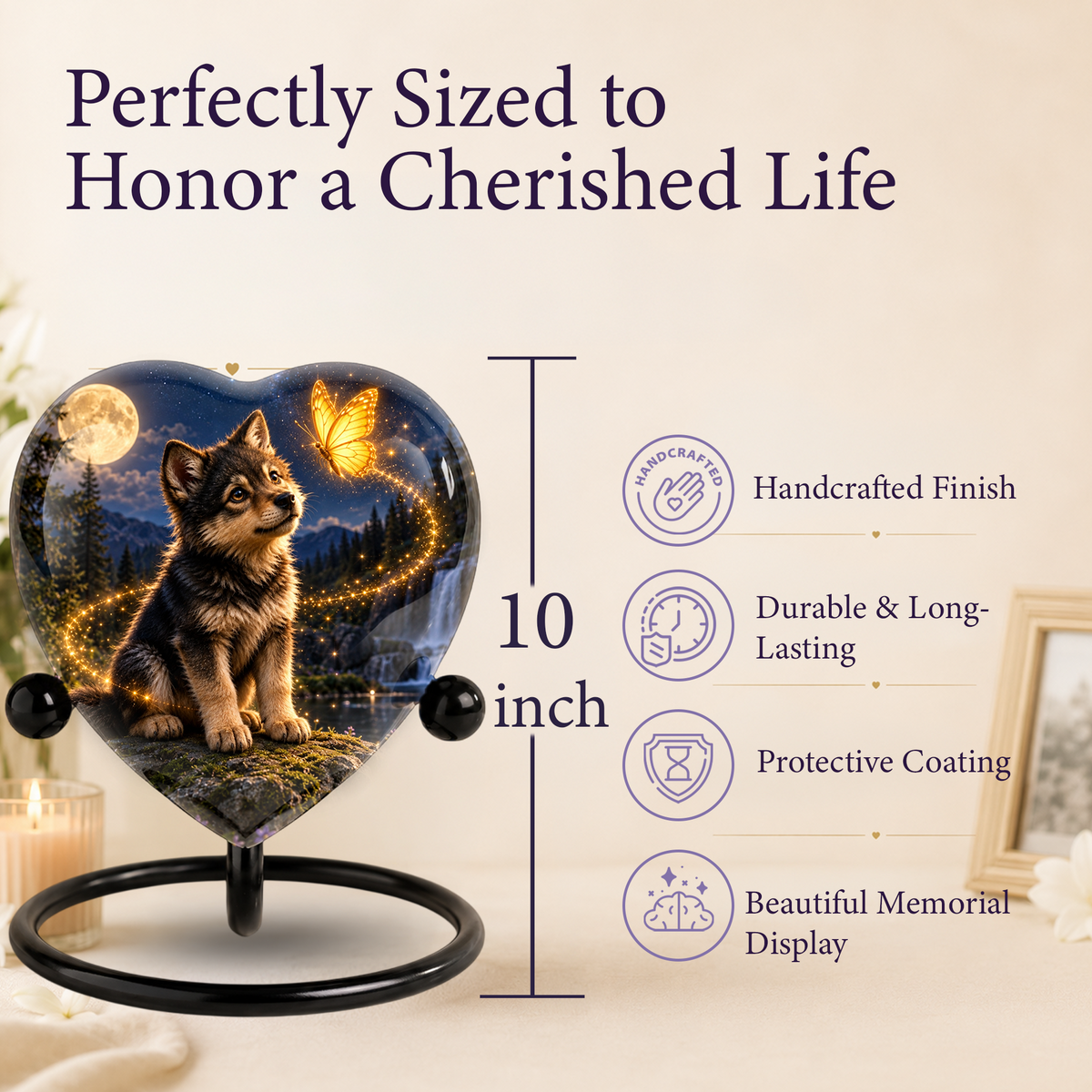 Wolf Memorial Wind Chime – Heart-Shaped Wolf and Butterfly Remembrance Garden Decoration