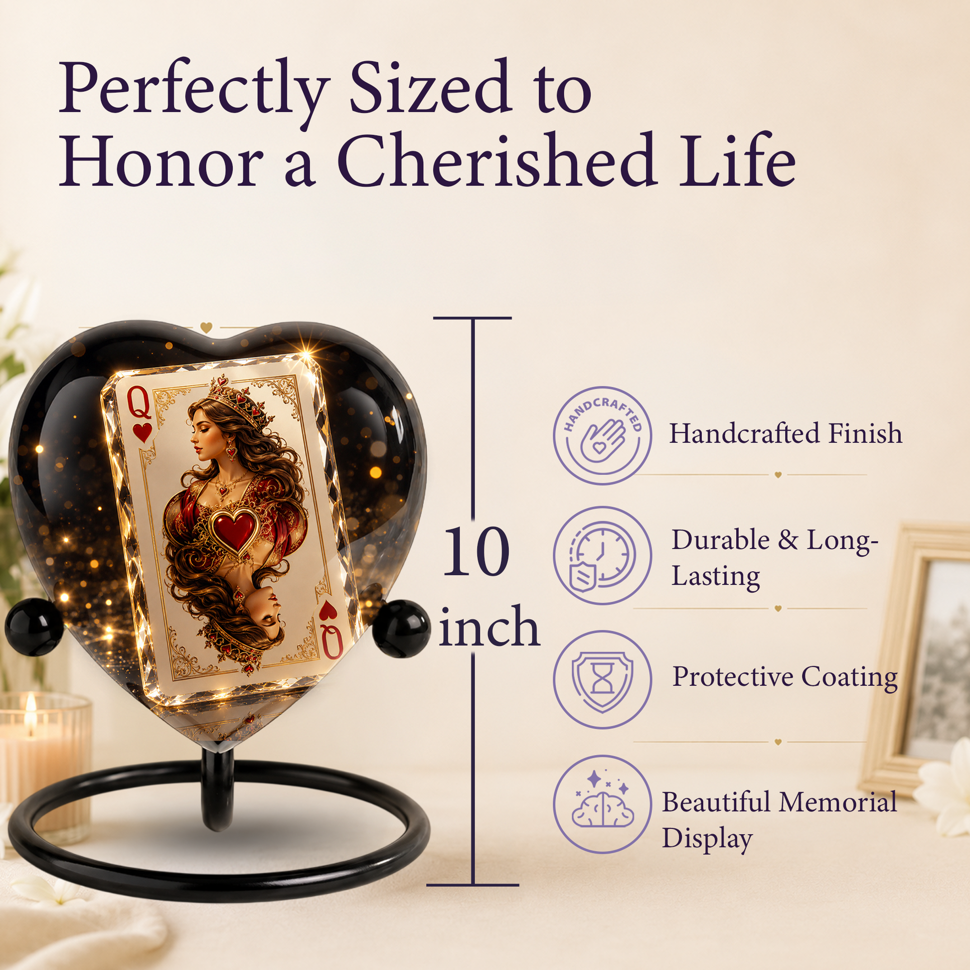 Queen of Hearts Urn – Queen of Hearts Cremation Urn, Playing Card Memorial Urn, Heart-Shaped Adult Urn for Ashes