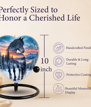 Heart Shaped Horse Urn for Ashes, Winter Mountain Sunset Cremation Urn