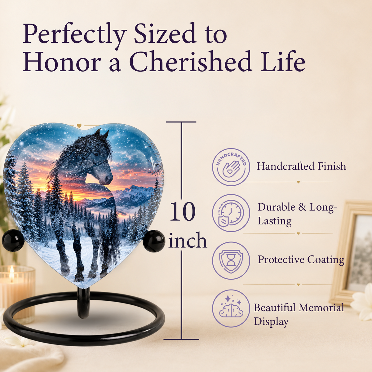 Heart Shaped Horse Urn for Ashes, Winter Mountain Sunset Cremation Urn